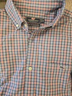 Vineyard Vines Men’s Blue and Pink Plaid Button-Down Shirt, Slim Fit Trucker